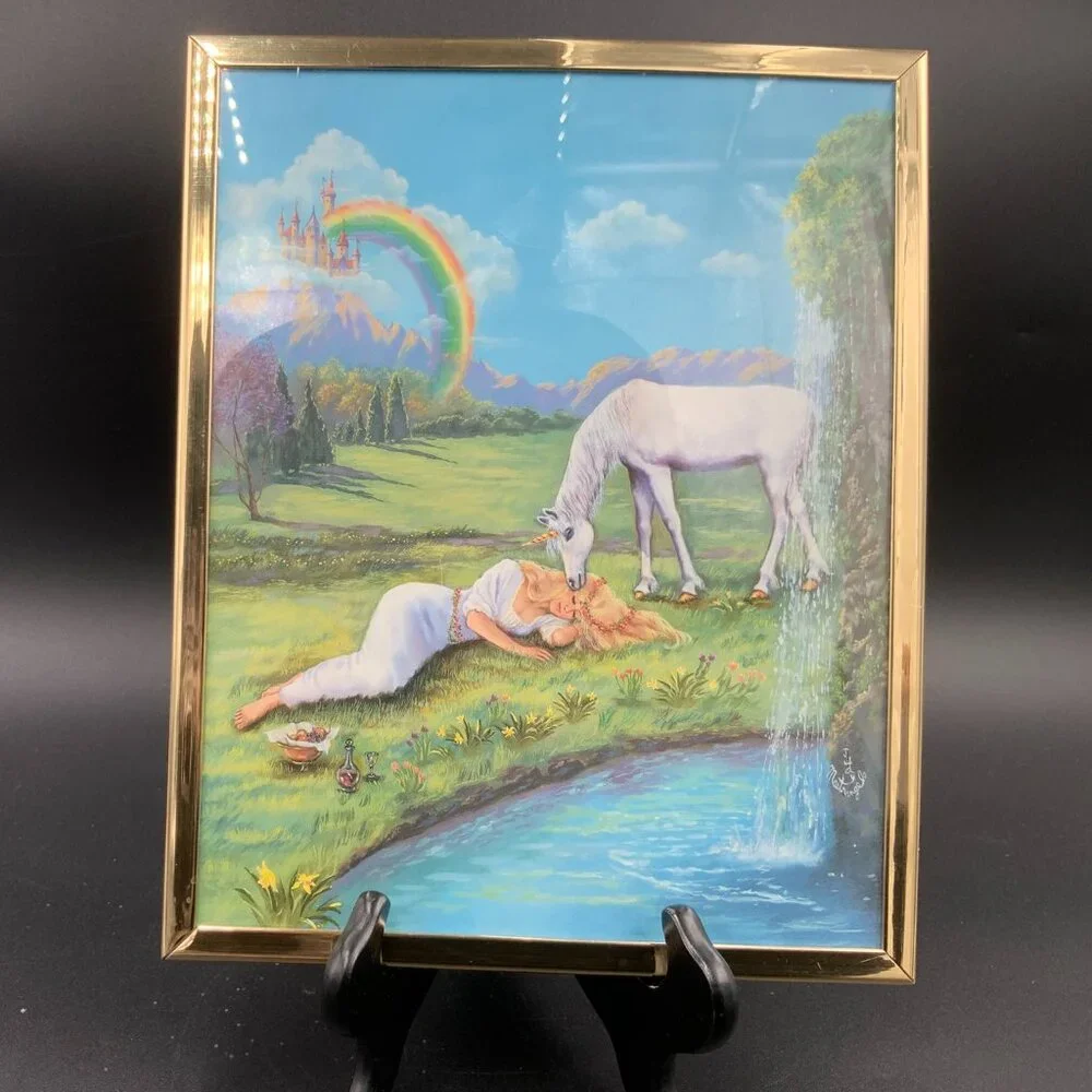 Vtg Judy Mastrangelo Sleeping Unicorn Dreams Fantasy Art Framed in Plexiglass
